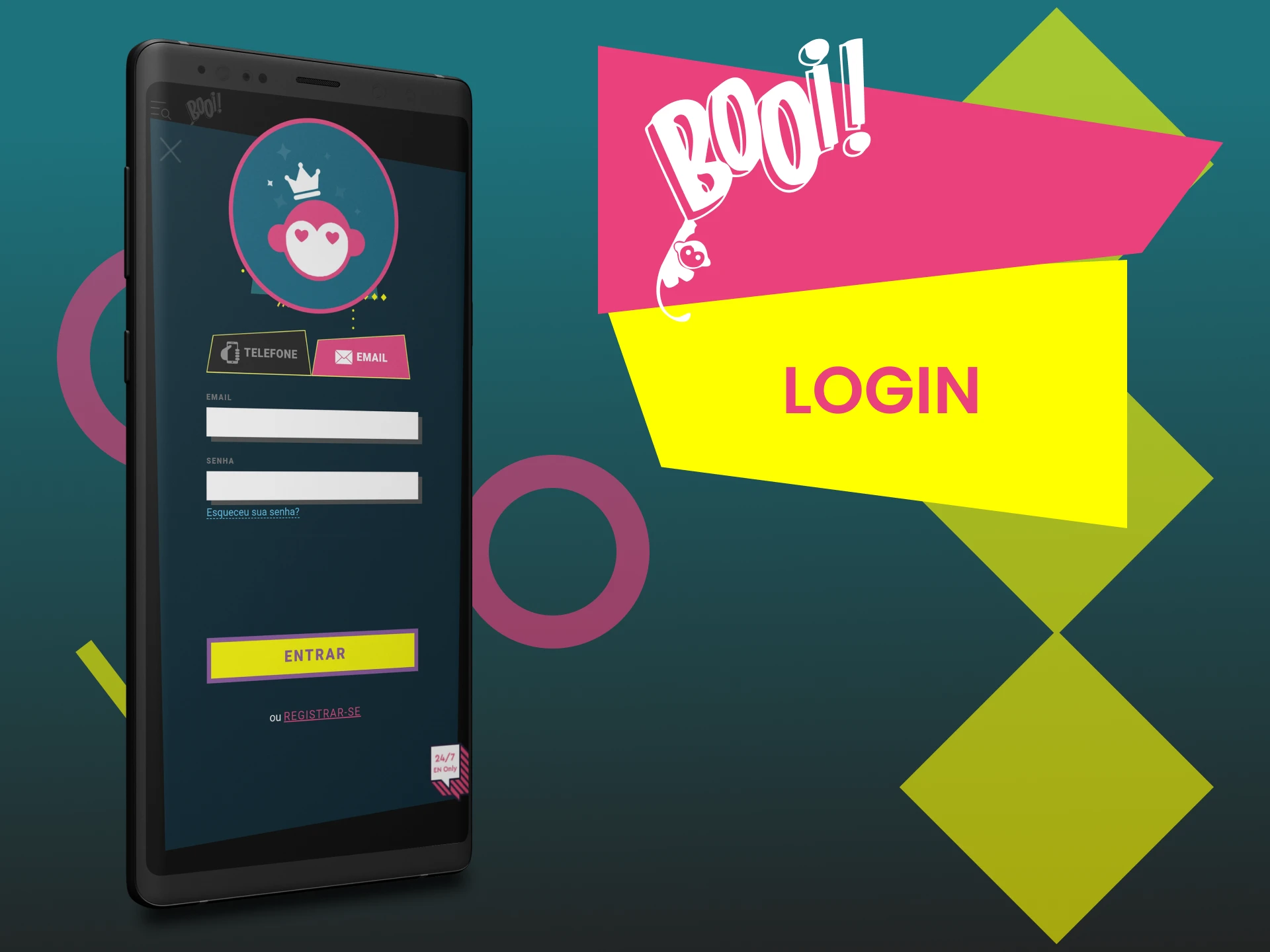 Faça login na sua conta pessoal através do aplicativo Booi.